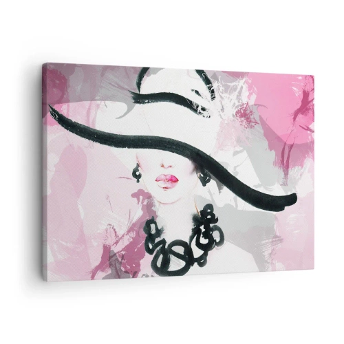 Impression sur toile - Image sur toile - Une femme élégante avec un chapeau sur un fond d'abstractions roses. - 70x50cm - Portrait d'une dame en noir et rose - Décoration murale moderne pour le salon et la chambre ARTTOR
