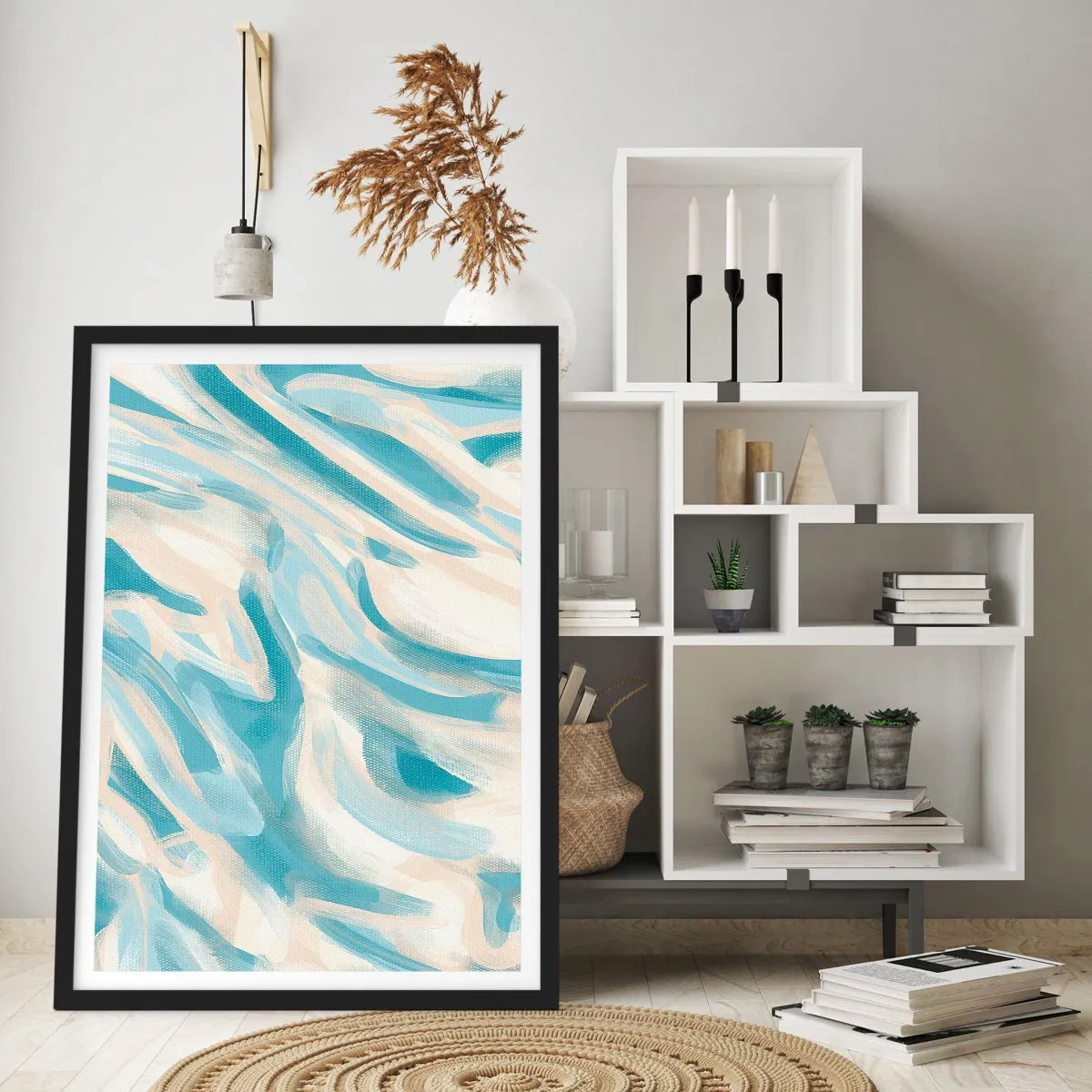 Affiche dans un cadre noir - Poster - Vagues abstraites dans des tons bleus et beiges - 50x70cm - Brise printanière - Décoration murale moderne pour le salon et la chambre ARTTOR
