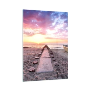 Impression sur verre - Image sur verre - Plage au coucher du soleil avec bateau et jetée - 50x70cm - Moment d'expérience profonde - Décoration murale moderne pour le salon et la chambre ARTTOR