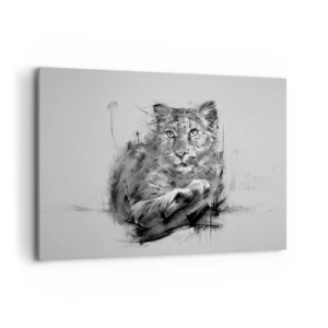 Impression sur toile - Image sur toile - Portrait noir et blanc d'un lion dans un style artistique avec des traits dynamiques. - 100x70cm - Oui, j'écoute attentivement - Décoration murale moderne pour le salon et la chambre ARTTOR