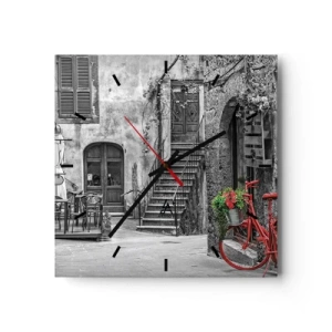 Horloge murale - Pendule murale - Un vélo rouge dans une rue en noir et blanc - 30x30cm - Ruelle toscane - Décoration murale moderne pour le salon et la chambre ARTTOR