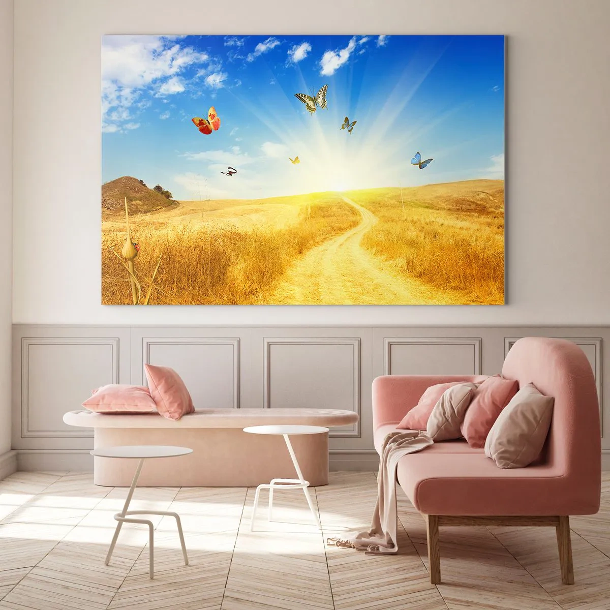 Impression sur verre - Image sur verre - Papillons planant au-dessus d'un chemin de terre au lever du soleil - 70x50cm - Et comment ne pas aimer l'été ? - Décoration murale moderne pour le salon et la chambre ARTTOR