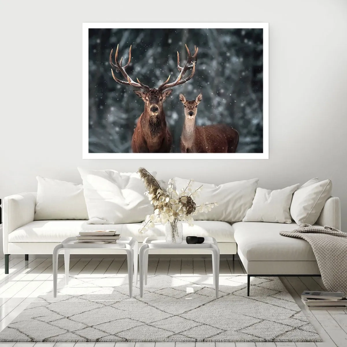 Affiche - Poster - Cerf dans une forêt d'hiver enneigée - 100x70cm - Le roi de la forêt avec sa femme - Décoration murale moderne pour le salon et la chambre ARTTOR