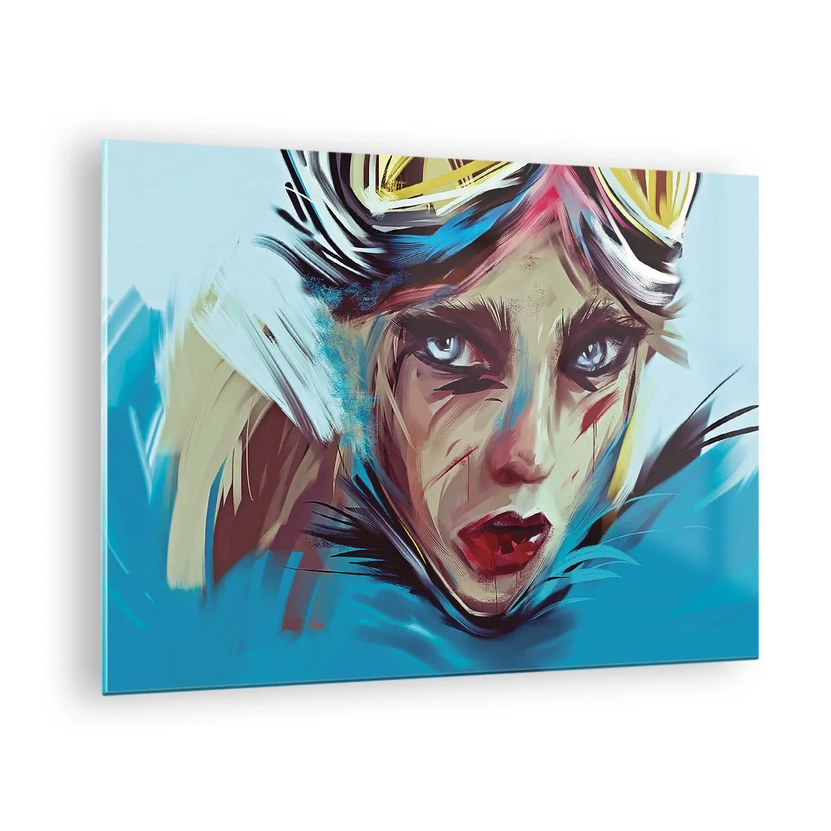 Impression sur verre - Image sur verre - Portrait d'une femme avec des lunettes et des coups de pinceau bleus - 70x50cm - Guerrière errante - Décoration murale moderne pour le salon et la chambre ARTTOR