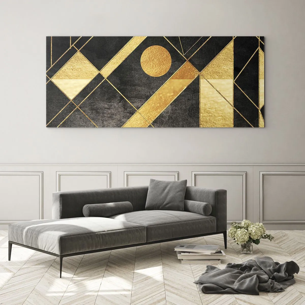 Impression sur verre - Image sur verre - Formes géométriques dans les tons or et noir - 120x50cm - Soleil du désert - Décoration murale moderne pour le salon et la chambre ARTTOR