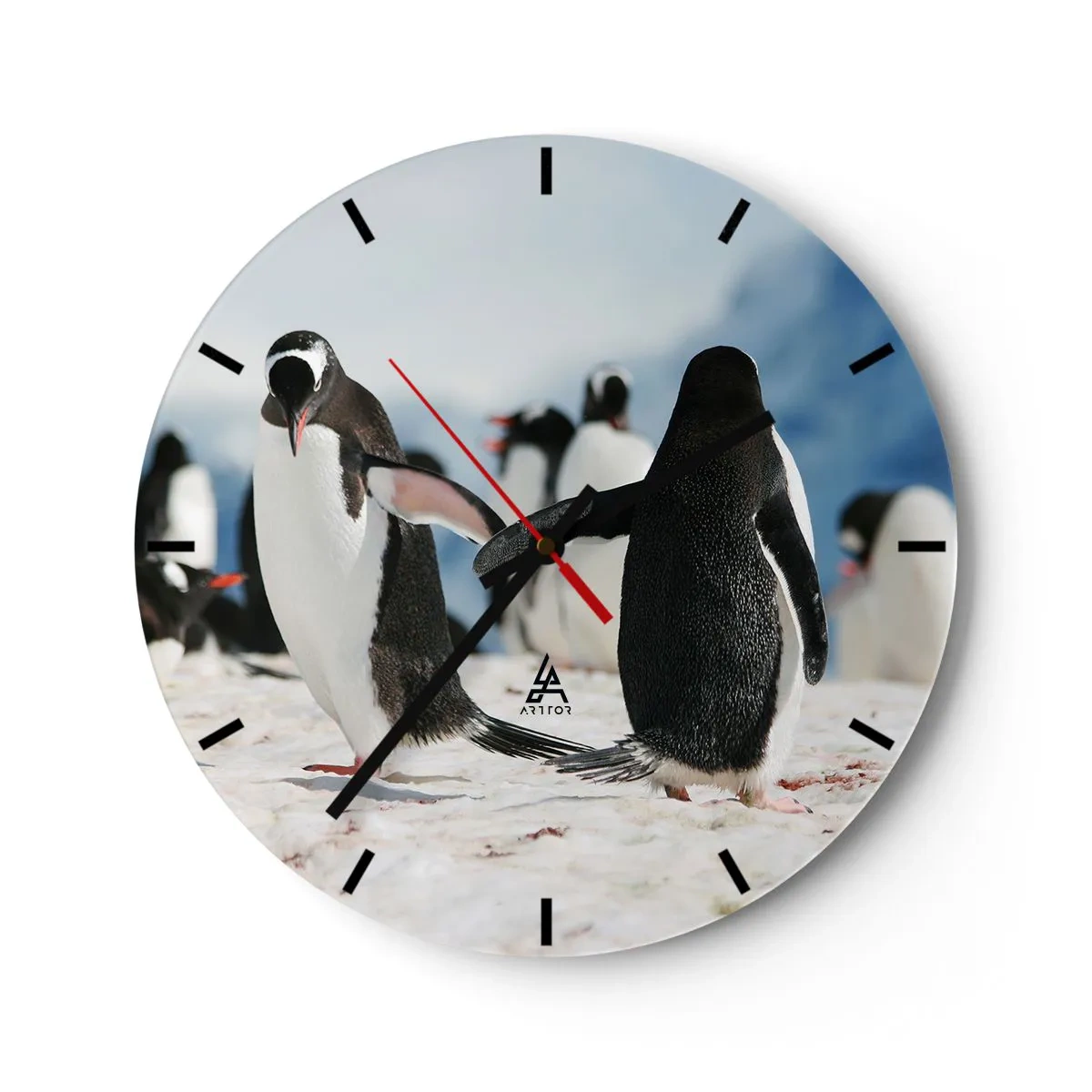 Horloge murale - Pendule murale - Pingouins dans la neige dans un paysage arctique - 30x30cm - Danser dans la neige - Décoration murale moderne pour le salon, la cuisine et la chambre ARTTOR