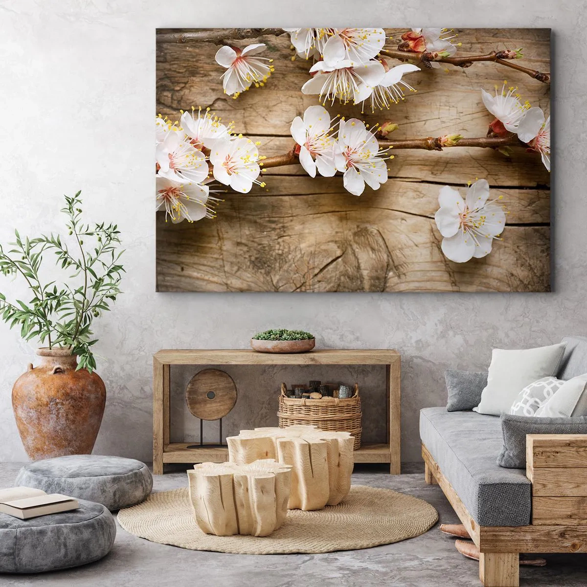 Impression sur toile - Image sur toile - Branches de cerisiers en fleurs sur fond de planche de bois - 70x50cm - Et c'est devenu le printemps - Décoration murale moderne pour le salon et la chambre ARTTOR