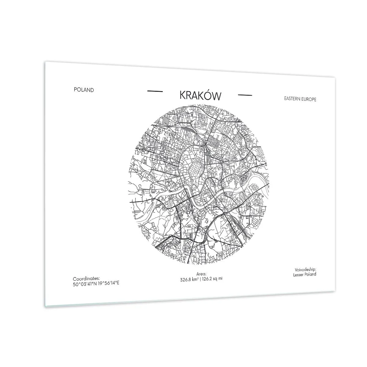 Impression sur verre - Image sur verre - Une carte de Cracovie dans un style d'illustration en noir et blanc - 70x50cm - Anatomie de Cracovie - Décoration murale moderne pour le salon et la chambre ARTTOR