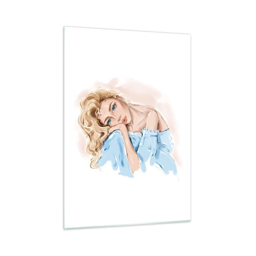 Impression sur verre - Image sur verre - Portrait d'une blonde en robe bleue avec un regard pensif - 50x70cm - Rêveuse en bleu - Décoration murale moderne pour le salon et la chambre ARTTOR