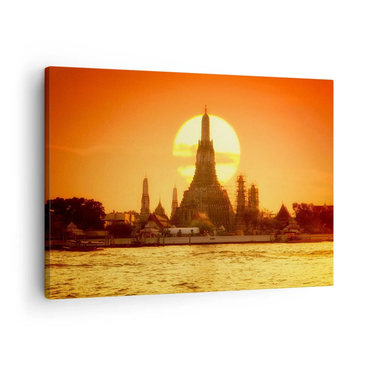 Impression sur toile - Image sur toile - Coucher de soleil sur le temple avec reflet dans l'eau - 70x50cm - Vers le soleil, toujours vers le soleil - Décoration murale moderne pour le salon et la chambre ARTTOR