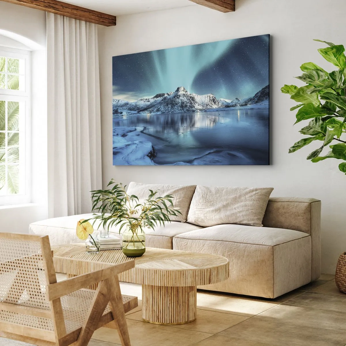 Impression sur toile - Image sur toile - Aurore boréale sur des montagnes enneigées et un lac - 120x80cm - Nuit de lumières - Décoration murale moderne pour le salon et la chambre ARTTOR