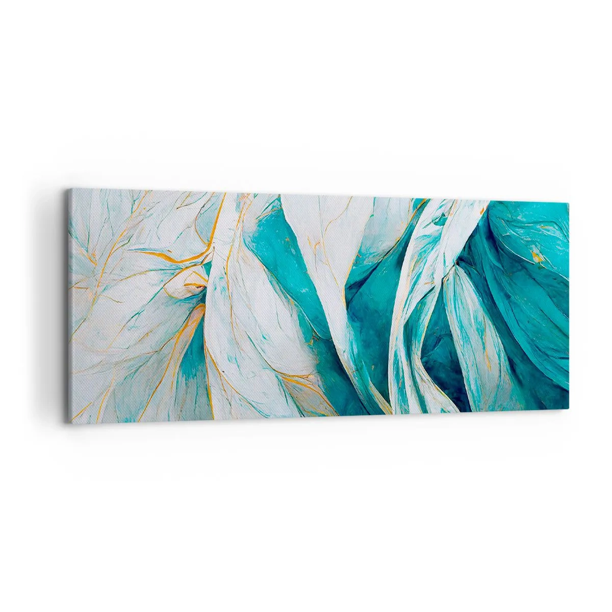 Impression sur toile - Image sur toile - Feuilles bleues abstraites avec des détails dorés - 120x50cm - Abstraction bleue avec un motif doré - Décoration murale moderne pour le salon et la chambre ARTTOR