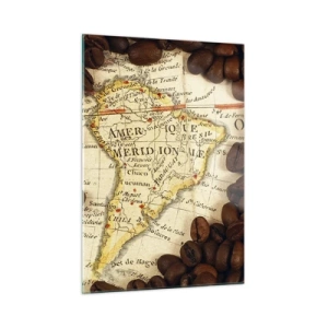 Impression sur verre - Image sur verre - Une carte de l'Amérique du Sud entourée de grains de café. - 50x70cm - D'où vient le meilleur café ? - Décoration murale moderne pour le salon et la chambre ARTTOR