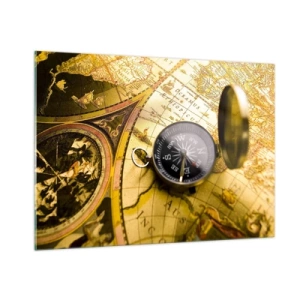 Impression sur verre - Image sur verre - Une carte dorée avec une boussole comme accent d'aventure - 100x70cm - Ou peut-être jusqu'au bout du monde ? - Décoration murale moderne pour le salon et la chambre ARTTOR