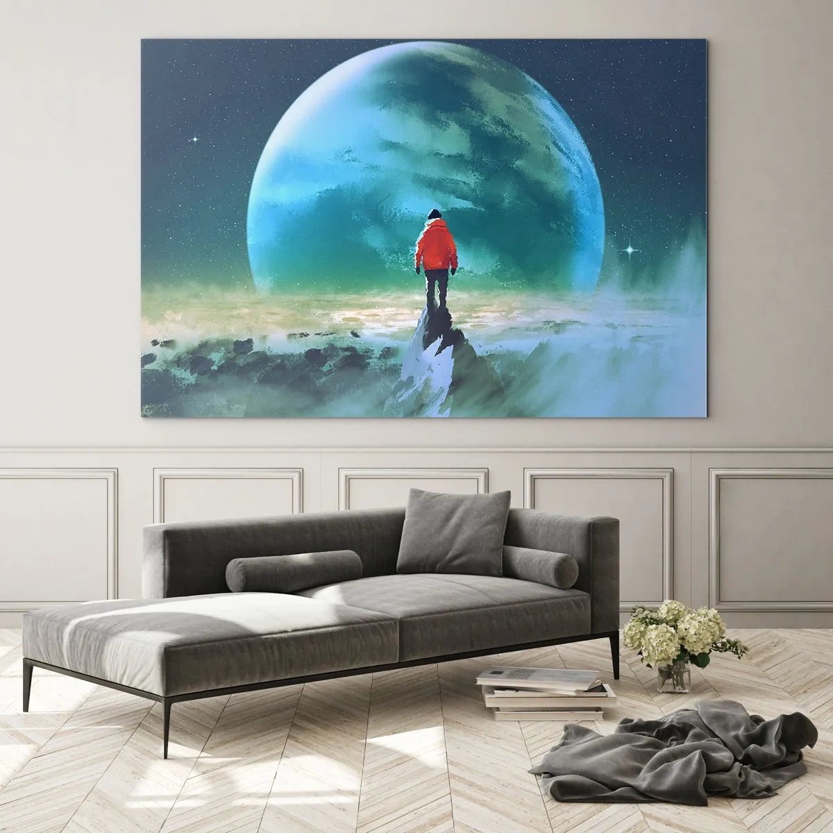Impression sur verre - Image sur verre - Une silhouette vêtue d'une veste rouge sur fond d'une immense planète et d'étoiles - 70x50cm - Explorateur de la nouvelle terre - Décoration murale moderne pour le salon et la chambre ARTTOR