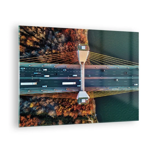 Impression sur verre - Image sur verre - Vue aérienne du pont avec une disposition symétrique des câbles et des voitures - 70x50cm - Au dessus de l'eau et de la forêt - Décoration murale moderne pour le salon et la chambre ARTTOR