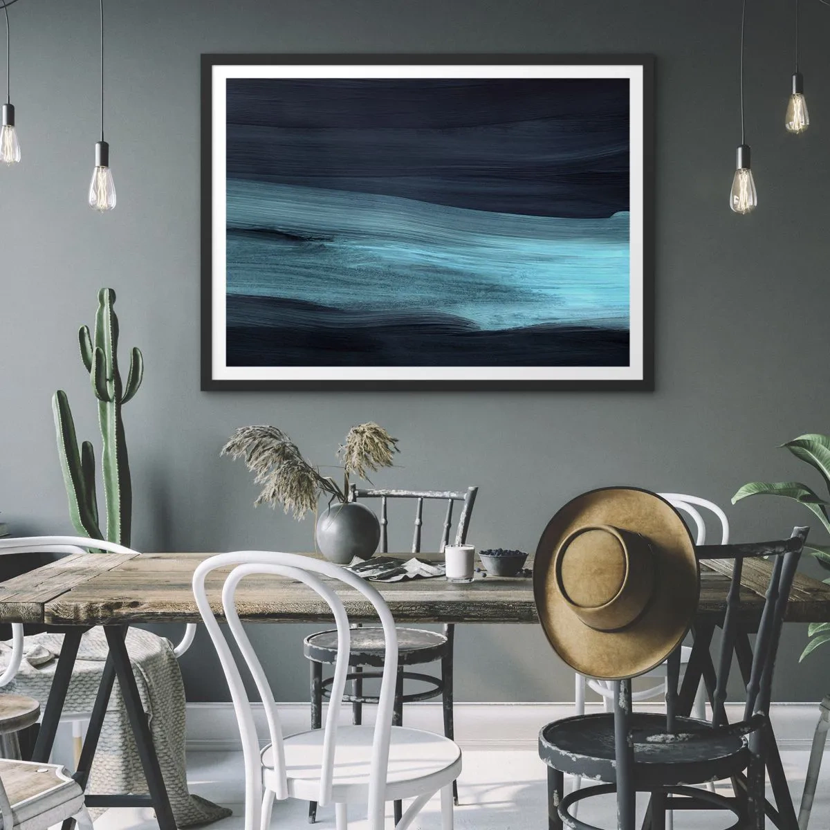 Affiche dans un cadre noir - Poster - De subtiles vagues abstraites dans des tons bleus foncés - 70x50cm - Suivez le courant - Décoration murale moderne pour le salon et la chambre ARTTOR