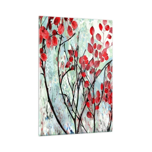 Impression sur verre - Image sur verre - Feuilles rouges sur un ciel lumineux avec des motifs abstraits - 80x120cm - Arbre en écarlate - Décoration murale moderne pour le salon et la chambre ARTTOR