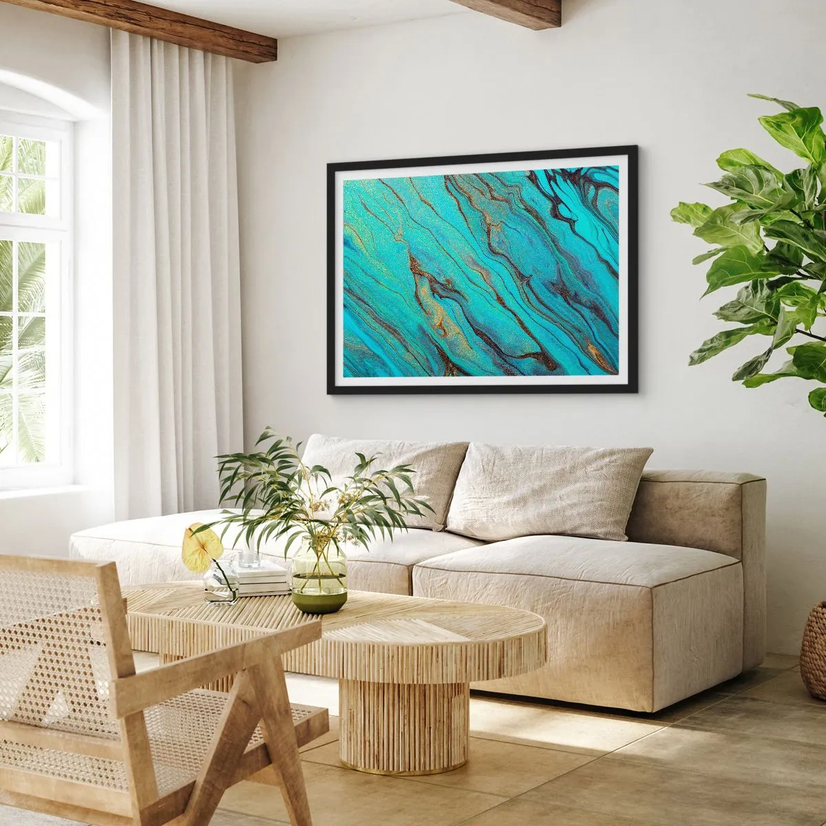 Affiche dans un cadre noir - Poster - Vagues abstraites dans des tons turquoise et or - 70x50cm - Marée turquoise - Décoration murale moderne pour le salon et la chambre ARTTOR
