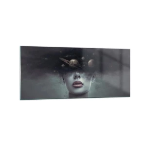 Impression sur verre - Image sur verre - Un visage de femme avec un motif de planète et d'espace en arrière-plan - 120x50cm - Et les planètes deviennent folles... - Décoration murale moderne pour le salon et la chambre ARTTOR