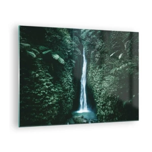 Impression sur verre - Image sur verre - Une cascade au milieu d'une végétation tropicale dense - 70x50cm - Fontaine tropicale - Décoration murale moderne pour le salon et la chambre ARTTOR