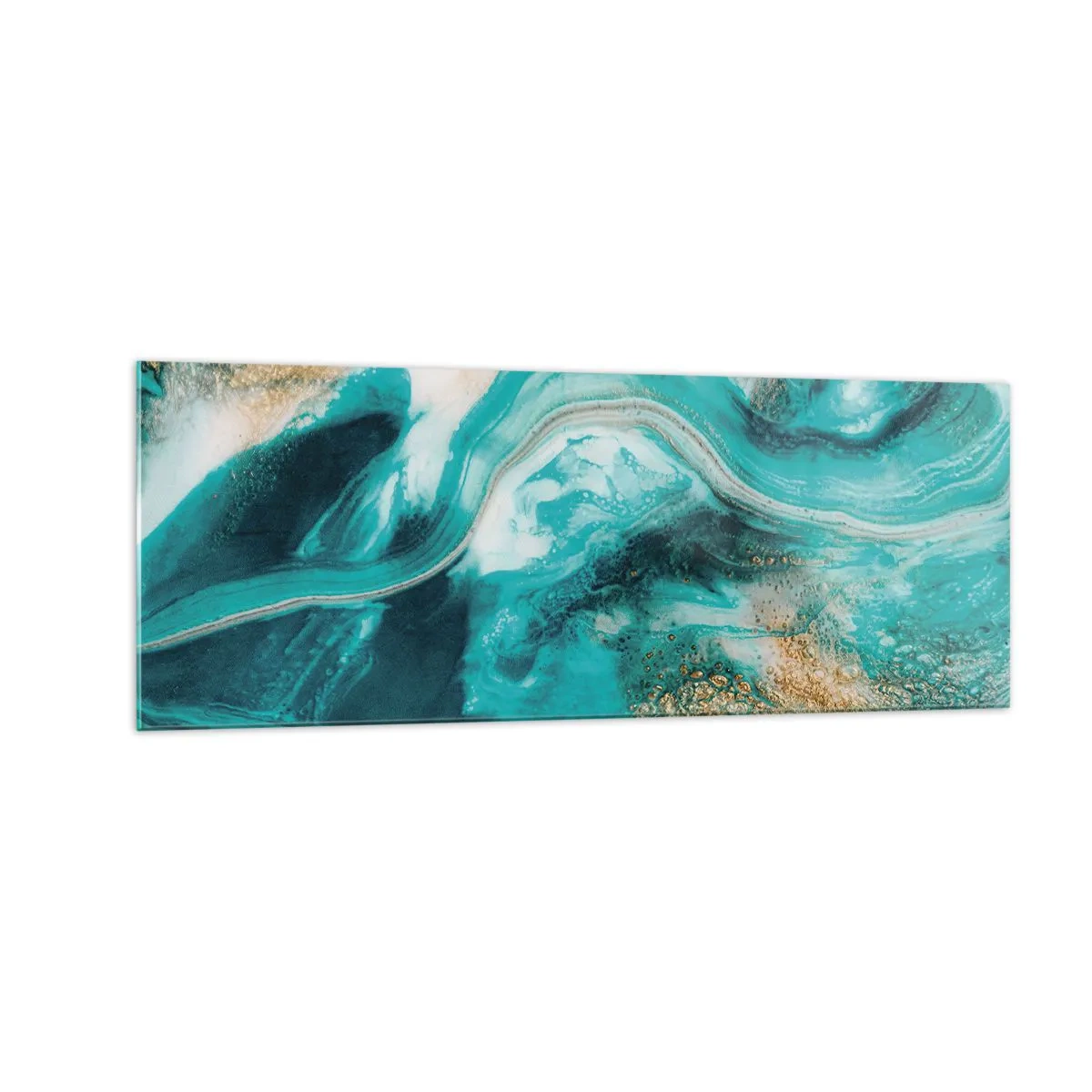 Impression sur verre - Image sur verre - Abstraction turquoise avec des accents blancs et dorés - 140x50cm - Rivière d'or - Décoration murale moderne pour le salon et la chambre ARTTOR