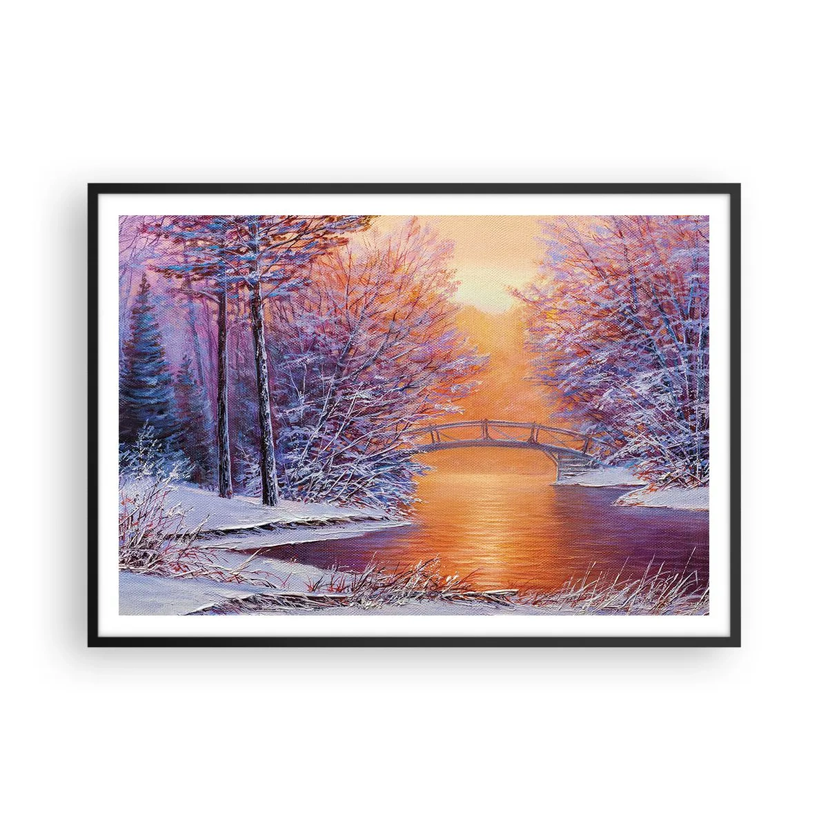 Affiche dans un cadre noir - Poster - Paysage d'hiver avec un pont et un coucher de soleil - 100x70cm - On se rencontre ici - Décoration murale moderne pour le salon et la chambre ARTTOR