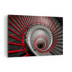 Impression sur toile - Image sur toile - Escalier en colimaçon avec rampes rouges dans une perspective dynamique - 120x80cm - Amusement architectural - Décoration murale moderne pour le salon et la chambre ARTTOR