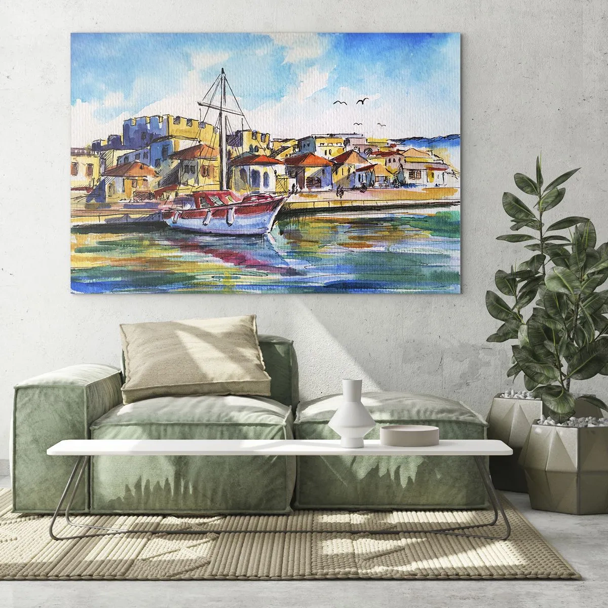 Impression sur verre - Image sur verre - Une marina colorée avec un voilier et une architecture méditerranéenne - 100x70cm - Après-midi arc-en-ciel - Décoration murale moderne pour le salon et la chambre ARTTOR