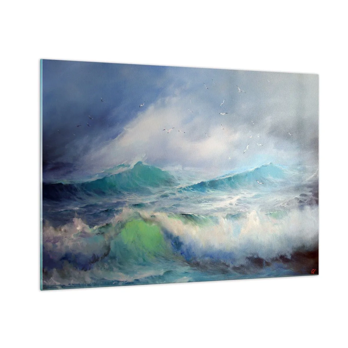 Impression sur verre - Image sur verre - Vagues océaniques agitées avec des oiseaux dans un ciel nuageux - 100x70cm - "Le tourbillon hurlait de triomphe..." - Décoration murale moderne pour le salon et la chambre ARTTOR