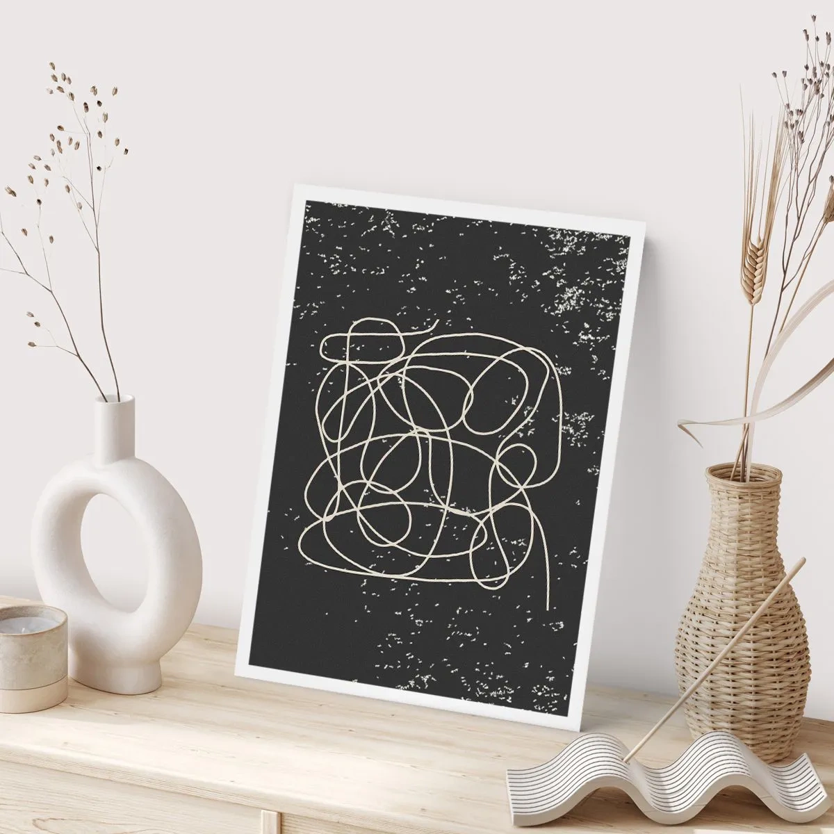 Affiche - Poster - Lignes chaotiques sur fond noir avec des points blancs - 50x70cm - Errance des pensées - Décoration murale moderne pour le salon et la chambre ARTTOR