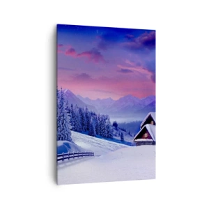 Impression sur toile - Image sur toile - Paysage d'hiver avec chalets de montagne au coucher du soleil - 70x100cm - Douce nuit - Décoration murale moderne pour le salon et la chambre ARTTOR