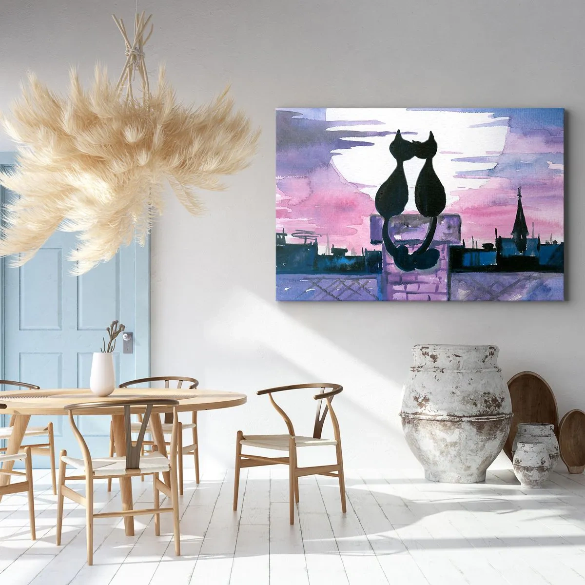 Impression sur toile - Image sur toile - Chats noirs sur un toit au clair de lune dans un décor aquarelle - 120x80cm - Rendez-vous sous la lune - Décoration murale moderne pour le salon et la chambre ARTTOR