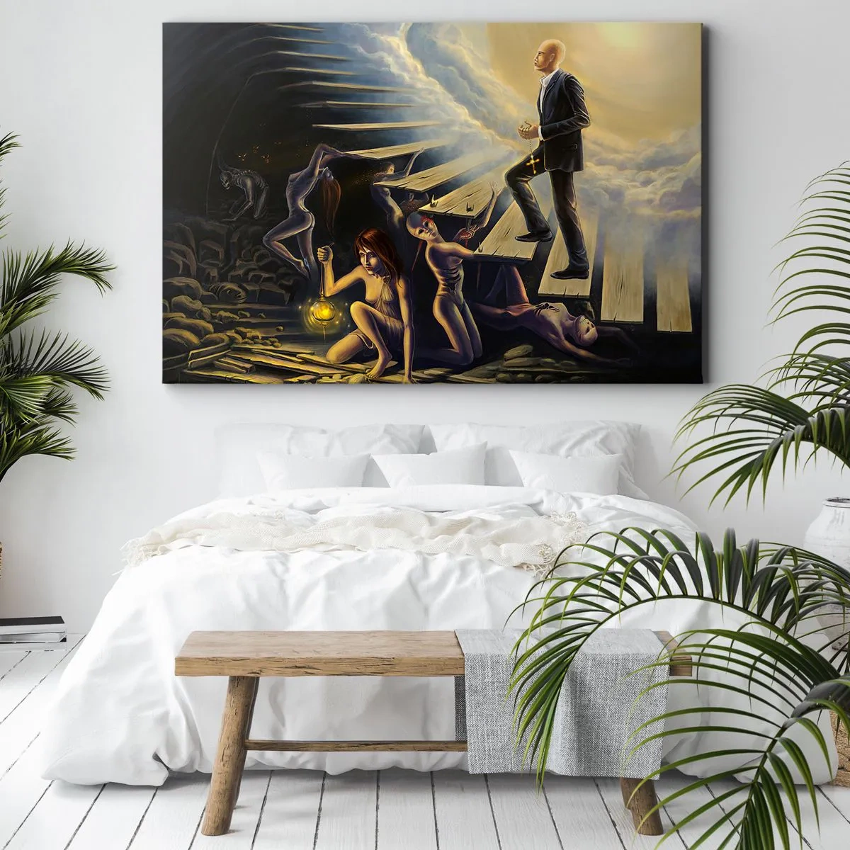 Impression sur toile - Image sur toile - Une scène symbolique du chemin vers la lumière à travers un escalier délabré - 100x70cm - Voyage dantesque vers la lumière - Décoration murale moderne pour le salon et la chambre ARTTOR
