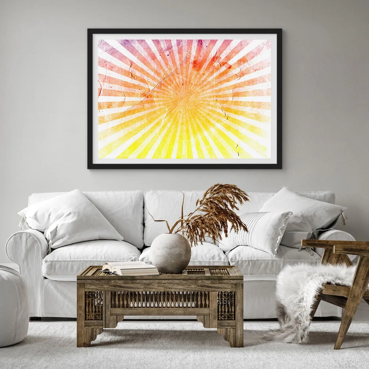 Affiche dans un cadre noir - Poster - Rayons de soleil dans les tons orange et jaune - 70x50cm - Levant et couchant - Décoration murale moderne pour le salon et la chambre ARTTOR