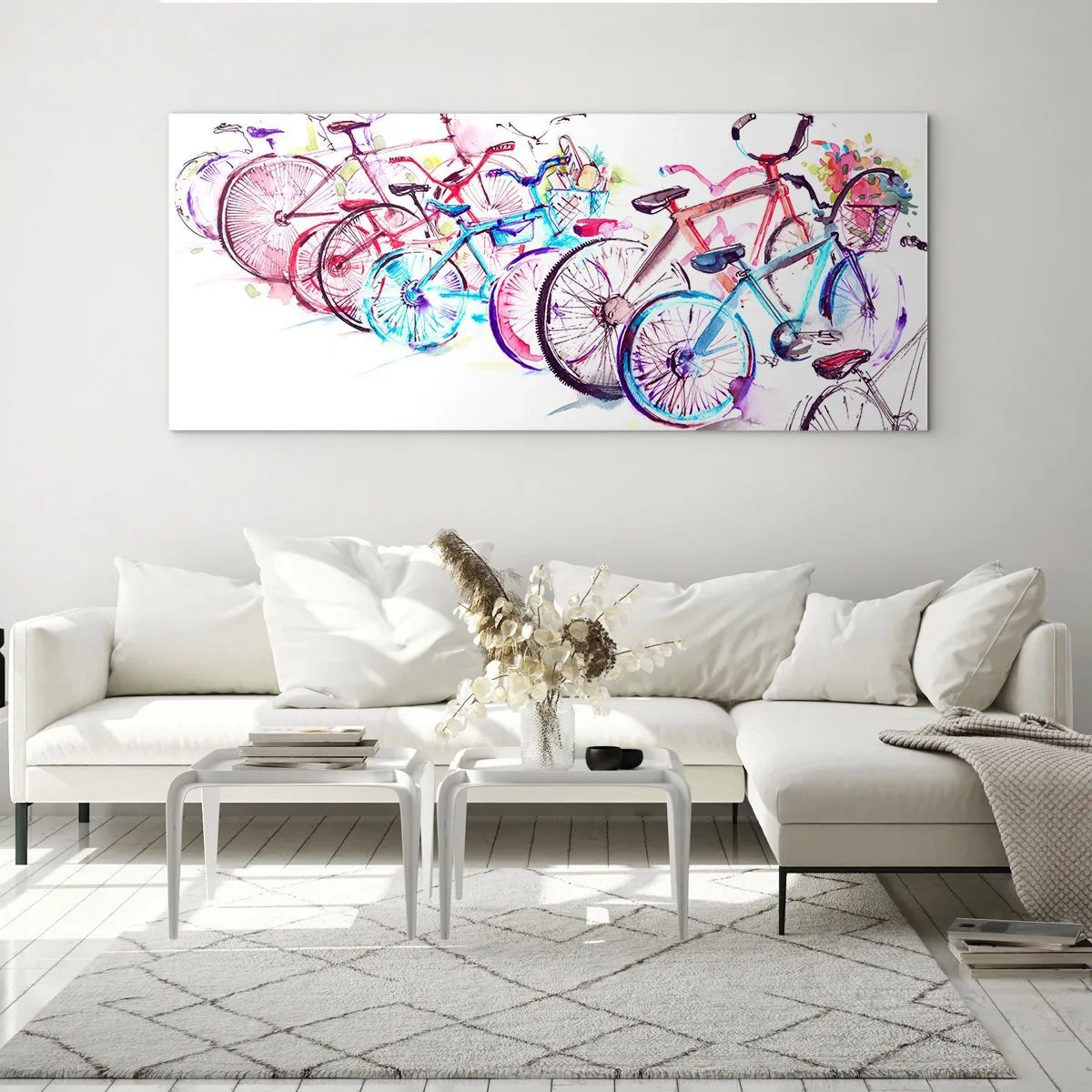 Impression sur verre - Image sur verre - Vélos colorés dans un style aquarelle artistique - 140x50cm - Congrès du club Antymoto - Décoration murale moderne pour le salon et la chambre ARTTOR