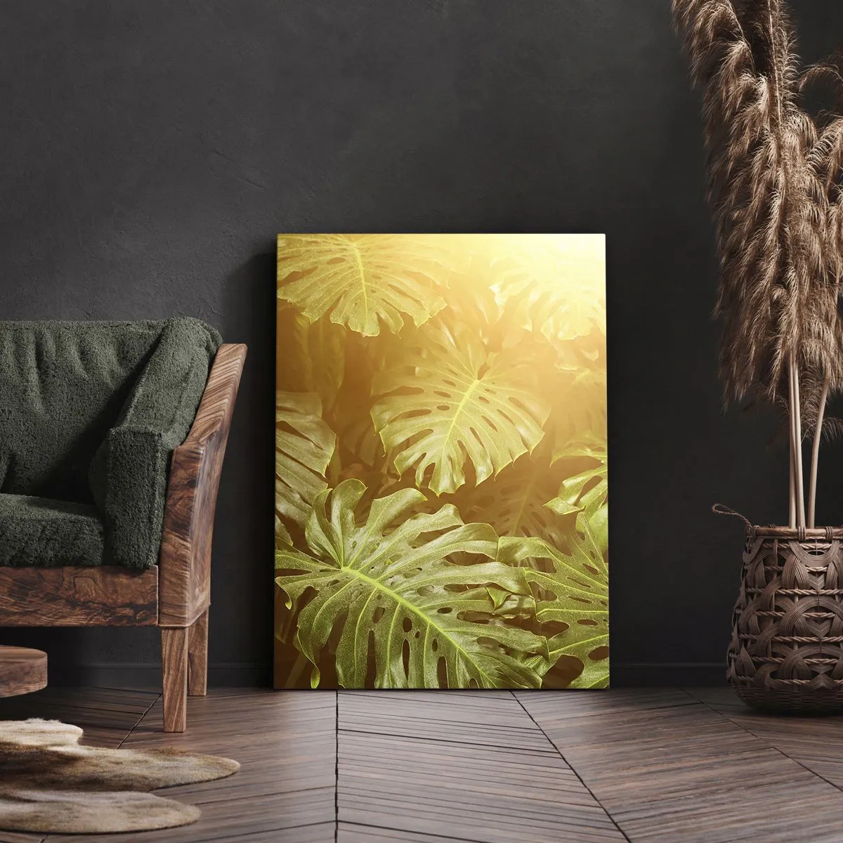 Impression sur toile - Image sur toile - Feuilles de Monstera au soleil sur fond naturel - 50x70cm - Se fondre dans la verdure - Décoration murale moderne pour le salon et la chambre ARTTOR