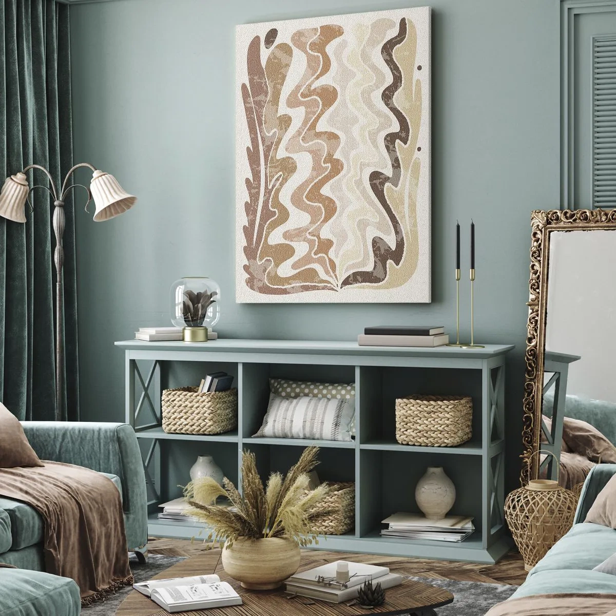 Impression sur toile - Image sur toile - Lignes abstraites ondulées dans des tons beiges - 50x70cm - Bonne énergie – bonnes émotions - Décoration murale moderne pour le salon et la chambre ARTTOR