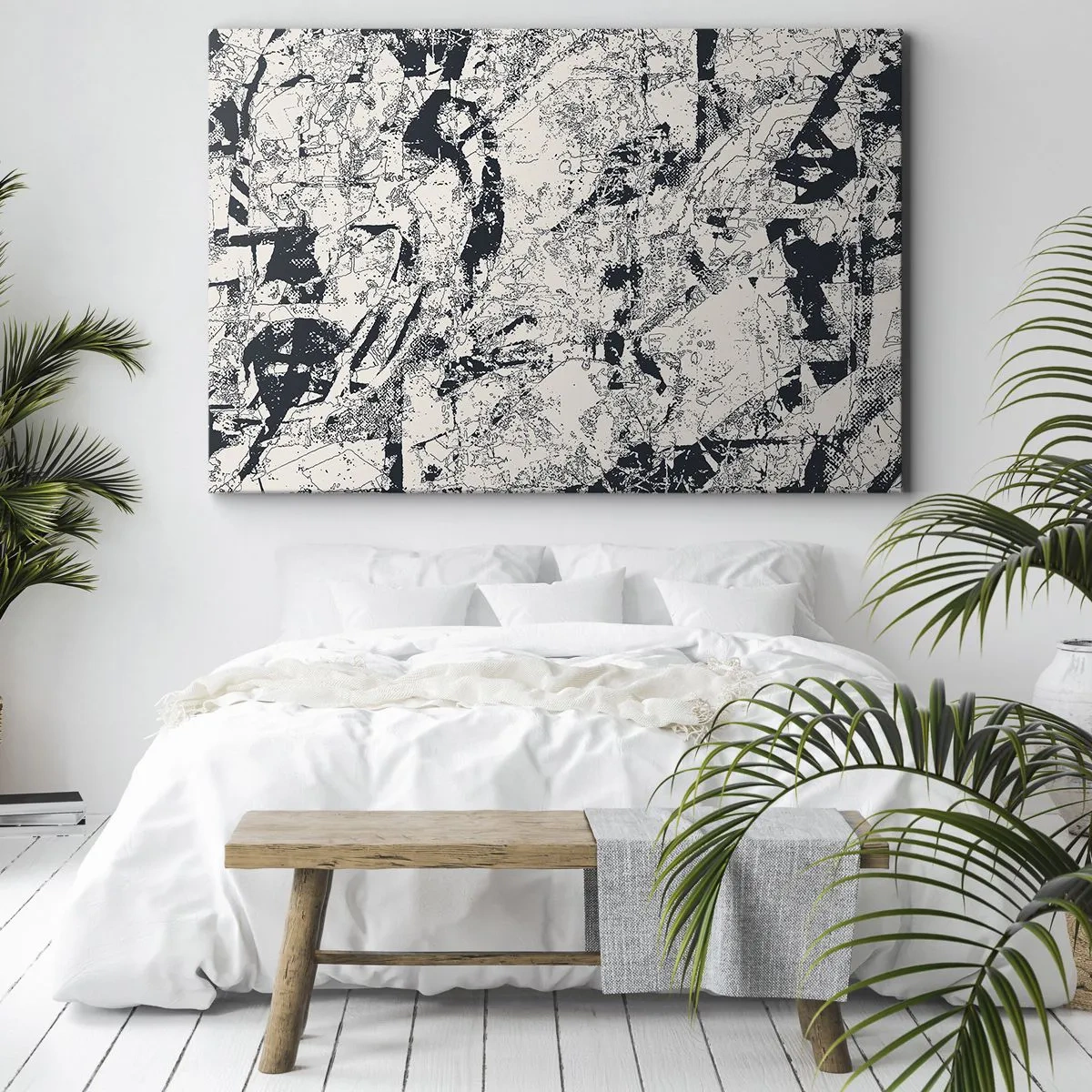 Impression sur toile - Image sur toile - Composition abstraite en noir et blanc avec une mise en page dynamique - 70x50cm - Interpénétration des contraires - Décoration murale moderne pour le salon et la chambre ARTTOR