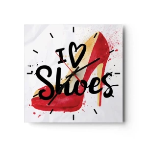 Horloge murale - Pendule murale - Talon aiguille rouge avec l'inscription I love Shoes sur fond blanc - 30x30cm - L'amour a plusieurs noms - Décoration murale moderne pour le salon et la chambre ARTTOR