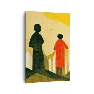 Impression sur toile - Image sur toile - Silhouettes géométriques en rouge et vert sur fond jaune - 70x100cm - La route est encore longue - Décoration murale moderne pour le salon et la chambre ARTTOR