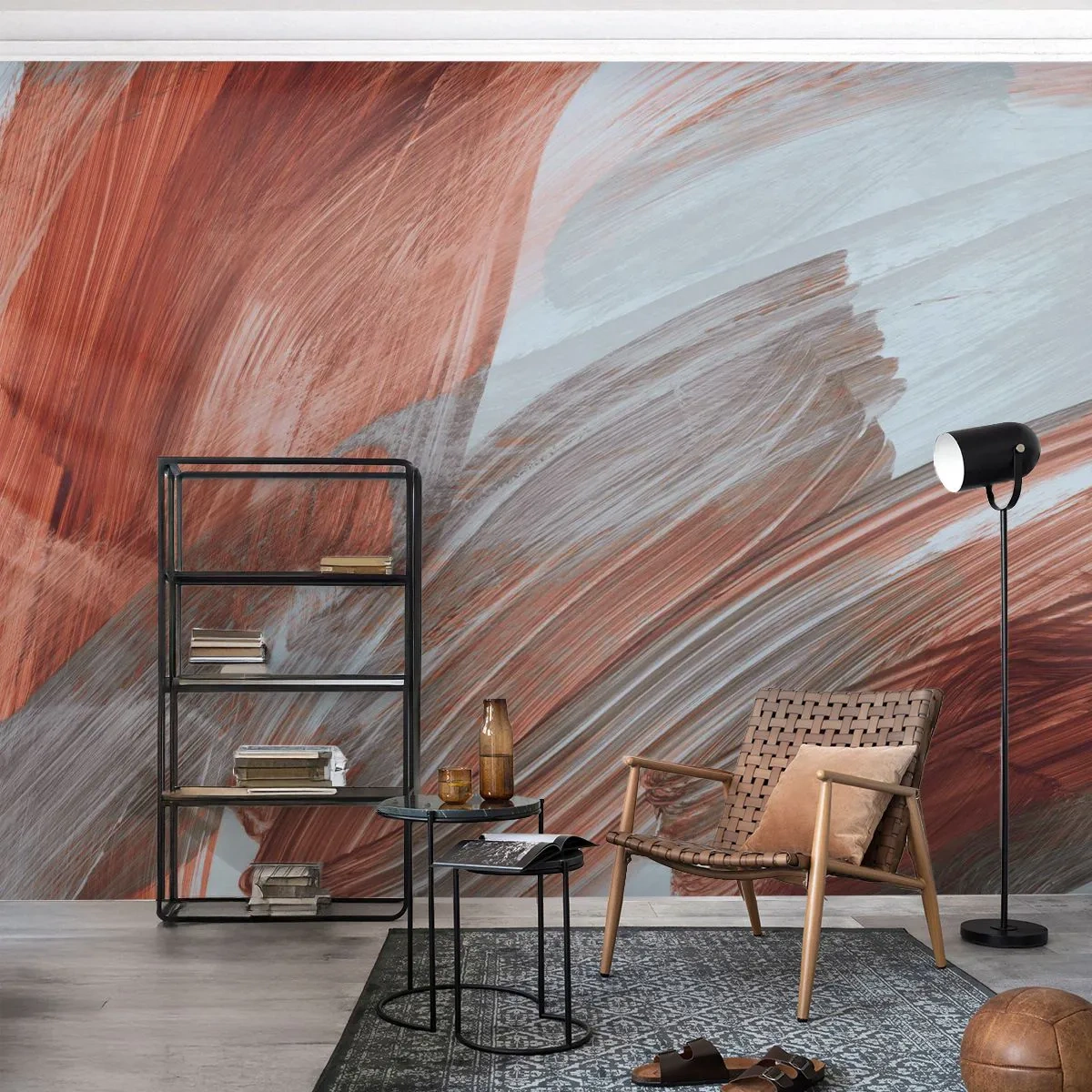 Papier Peint Photo Premium Sand - Coups de pinceau dynamiques dans des tons de rouge et de gris. - 100x70cm - Abstraction venteuse et automnale - Décoration murale moderne pour le salon et la chambre ARTTOR