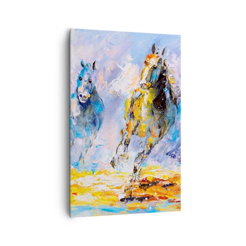 Impression sur toile - Image sur toile - Deux chevaux en mouvement sur fond de paysage abstrait - 80x120cm - À travers l'éblouissement du galop - Décoration murale moderne pour le salon et la chambre ARTTOR