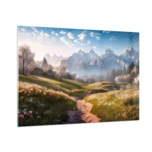 Impression sur verre - Image sur verre - Paysage printanier avec une vallée, des fleurs et des montagnes en arrière-plan le matin - 100x70cm - Vallée idyllique - Décoration murale moderne pour le salon et la chambre ARTTOR