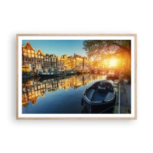 Affiche dans un chêne clair - Poster - Début de journée à Amsterdam - 100x70 cm