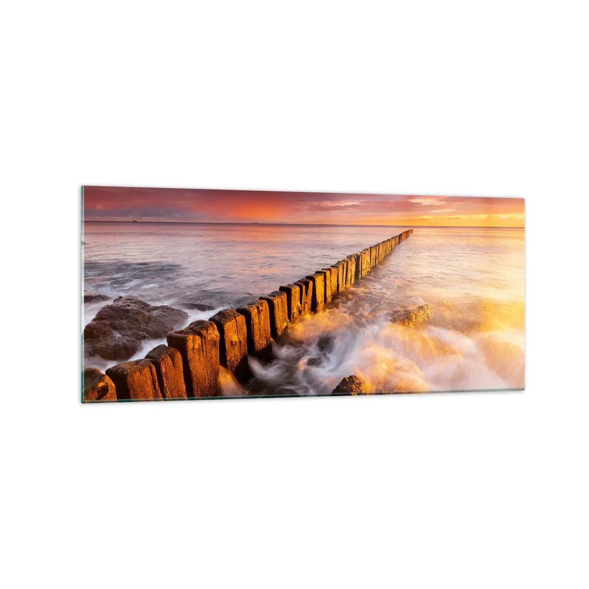 Impression sur verre - Image sur verre - Un paysage pittoresque au bord de la mer au coucher du soleil - 120x50cm - La douceur des vagues - Décoration murale moderne pour le salon et la chambre ARTTOR