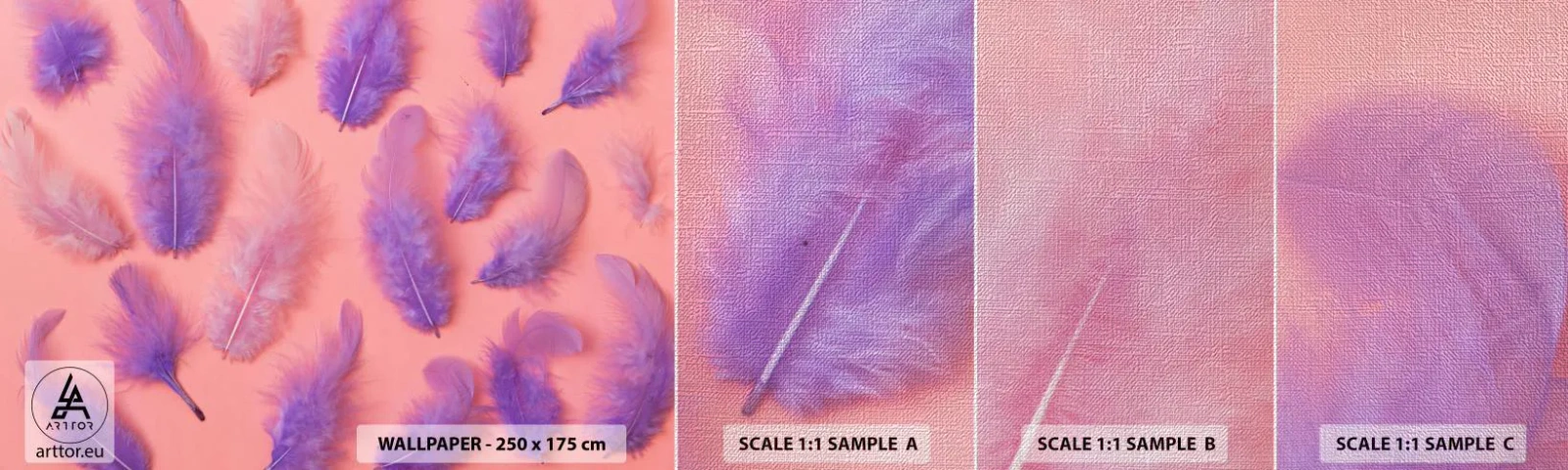 Échantillon de Papier Peint Premium Canvas - Oiseau de désir lilas - Plume d'oiseau, Inspiration, Graphique - 100x30 cm