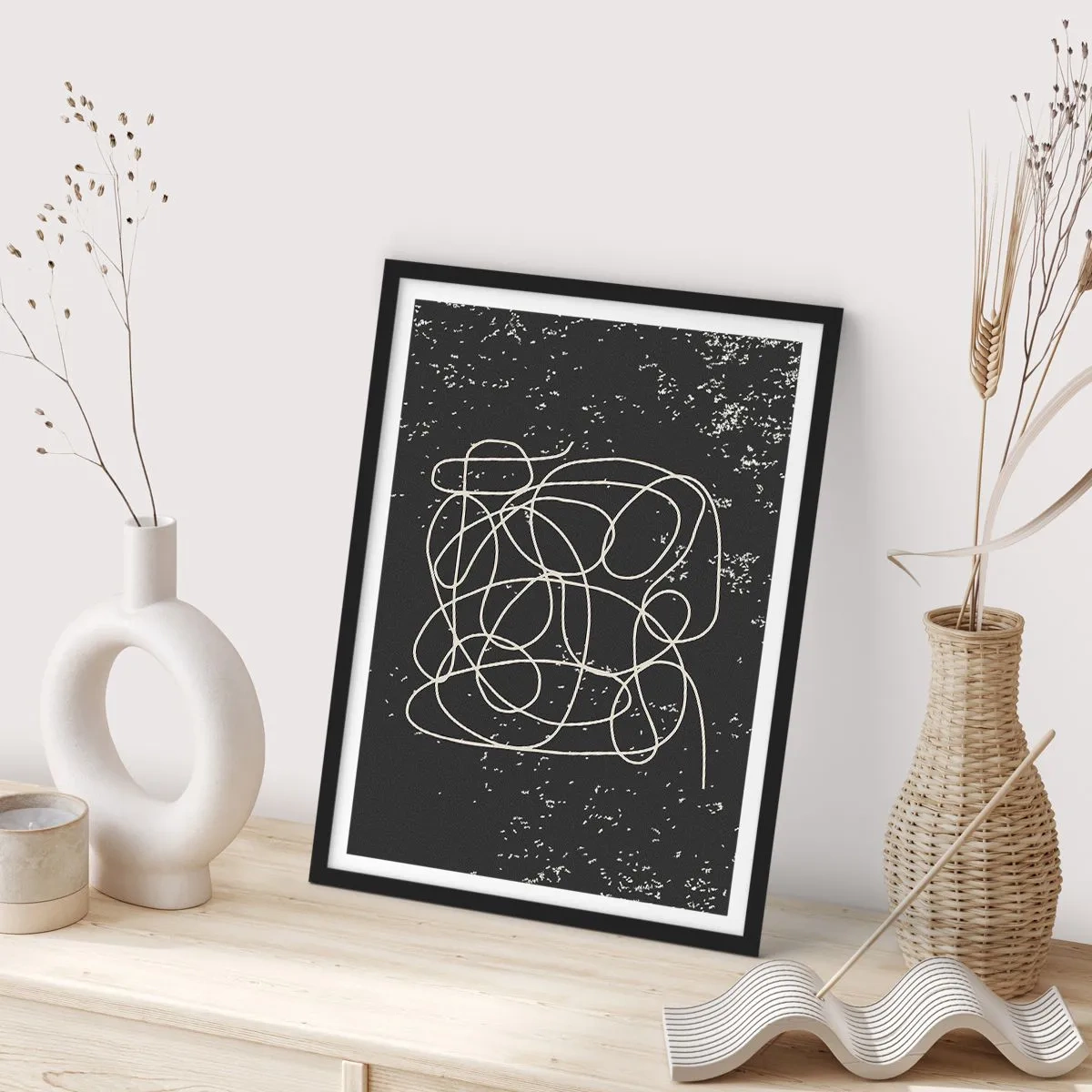 Affiche dans un cadre noir - Poster - Lignes chaotiques sur fond noir avec des points blancs - 50x70cm - Errance des pensées - Décoration murale moderne pour le salon et la chambre ARTTOR