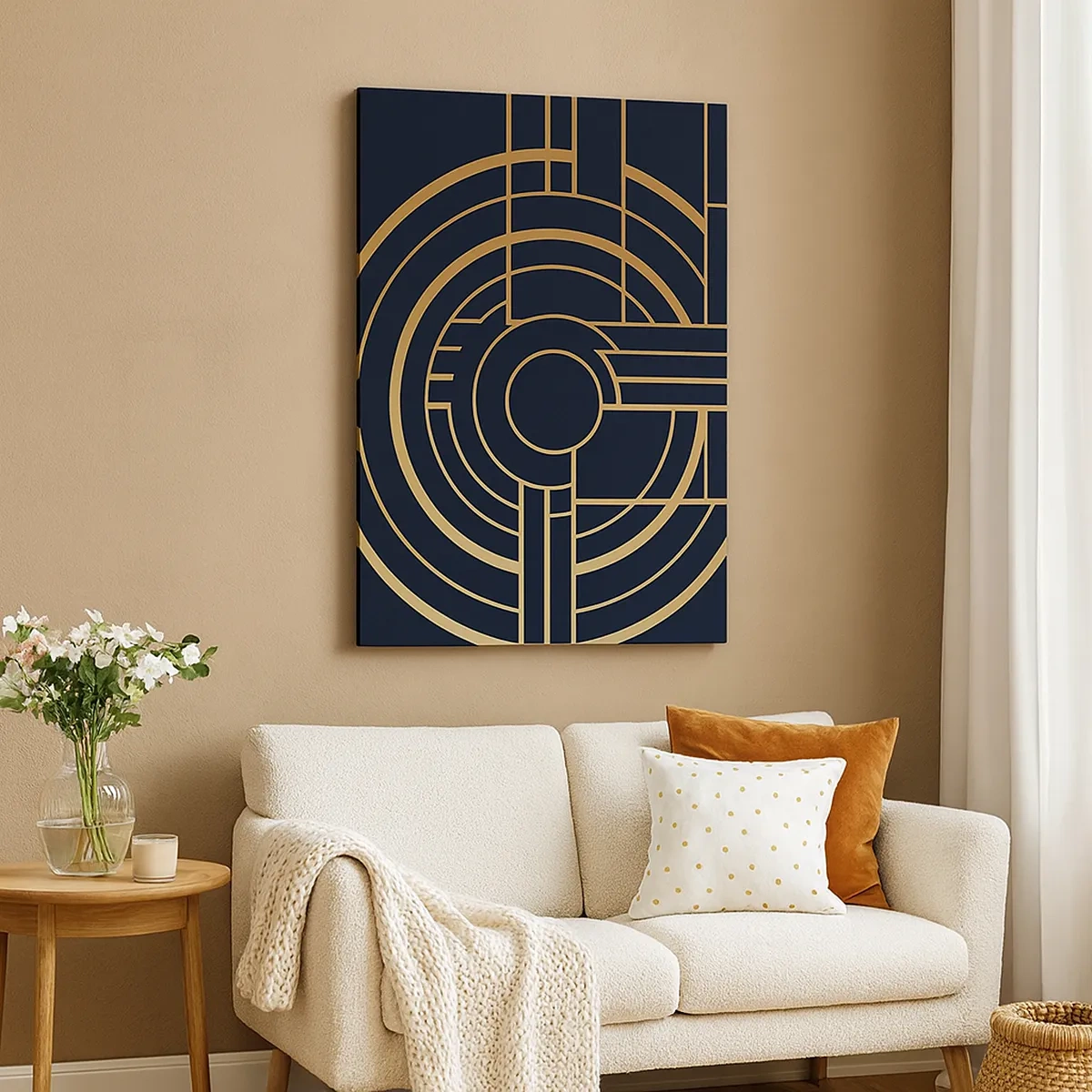 Impression sur toile - Image sur toile - Motif géométrique avec des lignes dorées - 50x70cm - Rotation des éléments - Décoration murale moderne pour le salon et la chambre ARTTOR