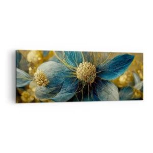 Impression sur toile - Image sur toile - Fleurs élégantes dans des tons de bleu et d'or - 140x50cm - Fleurir avec de l'or - Décoration murale moderne pour le salon et la chambre ARTTOR